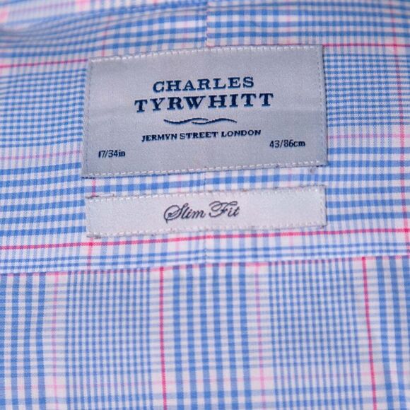 Charles Tyrwhitt Mens Dress Shirt Button Up Blue Pink Plaid Check Slim Fit 17 34 - Picture 3 of 8